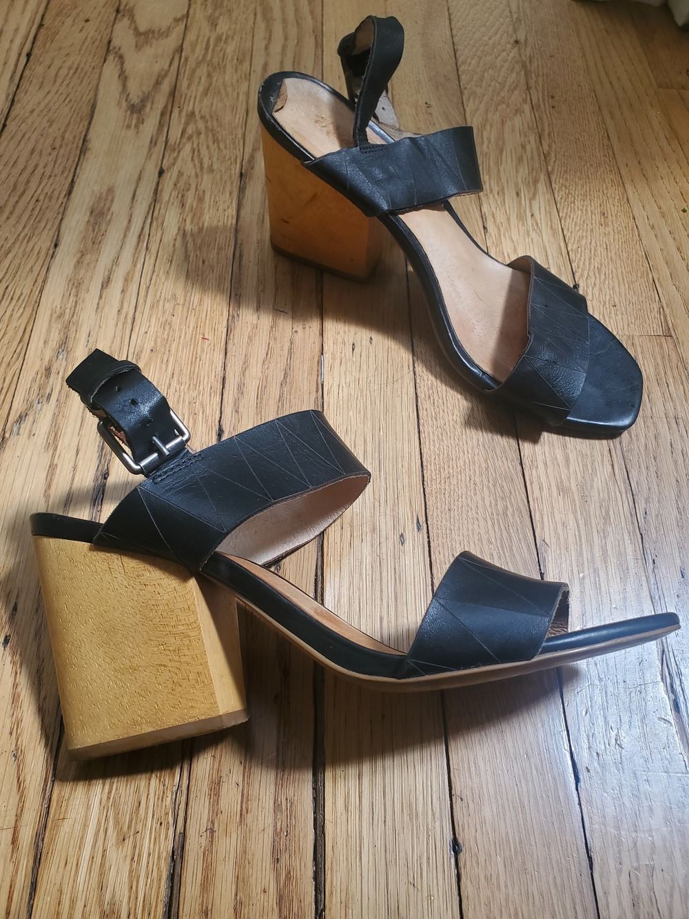Black Leather Strap Block Heel Sandals with Yellow Wood-Tone Heel